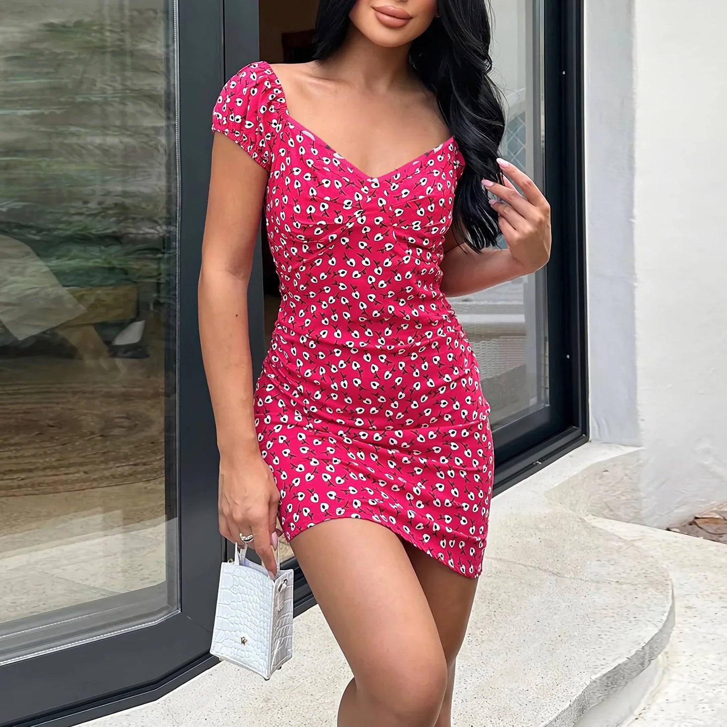 Woman Summer Elegant Slim Fit Short V-Neck Floral Mini Dress Fashion Lady Sexy Robes New Style Versatile Casual Printed Dress