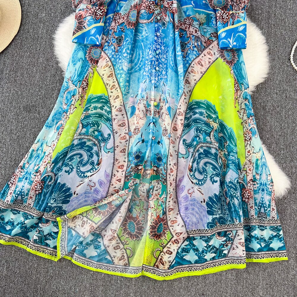 Spring Autumn Elegant Blue Maxi Dresses for Women Printed Boho Chiffon Thin Female Long Robe Beach Vacation Deep V-Neck Sexy New