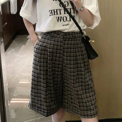 vmtvr Y2K Women Summer Plaid Short Pants Korean Casual Streetwear Loose Straight Leg Pants Fashion Female High Waist Shorts