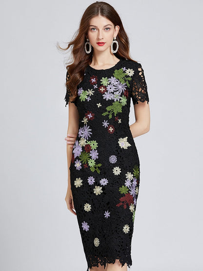 Summer Runway Water Soluble Lace Embroidery Flower Dress Women Short Sleeve Black Hollow Out Floral Party Bodycon Vestidos