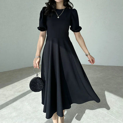 vmtvr Elegant O Neck A-Line Office Ladies Dress New Spring Solid Back Zipper Boho Long Dress Women Puff Short Sleeve Summer Maxi Dress