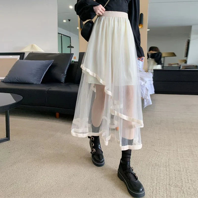 vmtvr Y2K Women Mesh Skirt Korean Irregular Patchwork A Line Midi Skirt Gothic Female Summer All Match Ball Gown Skirts New