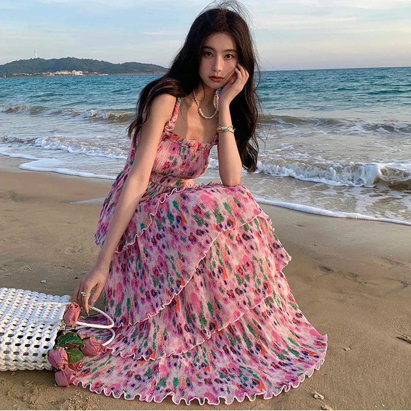 vmtvr Summer Women's Floral Vacation Beach Dress Midi Long Square Collar Lolita Dresses Bohemian Folds 2024 New Elegant Chic Chiffon