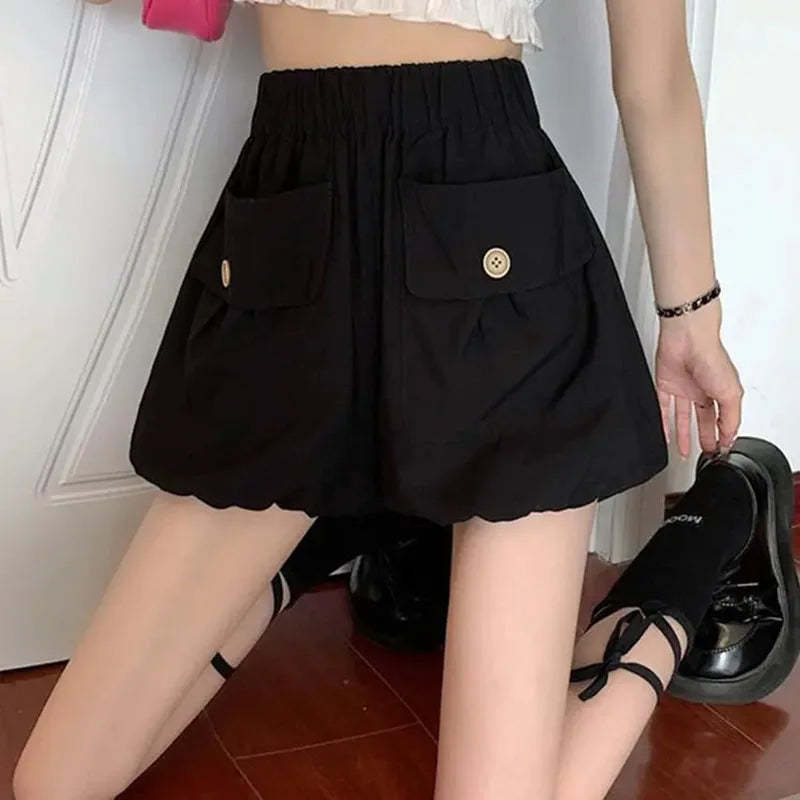 vmtvr Summer Women Shorts Korean High Waist Female Streetwear Lantern Shorts Fashion Big Pocket Button Loose Sports Shorts