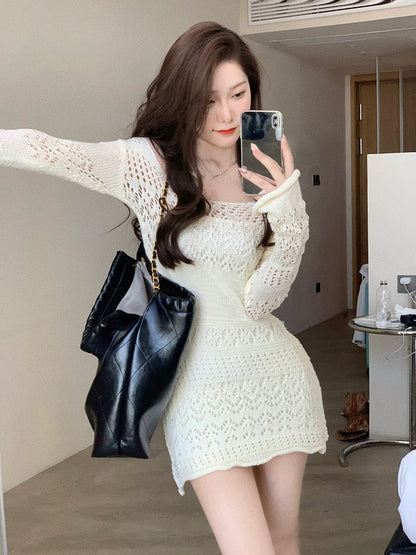 vmtvr - Autumn Elegant Knitted Dress Women Long Sleeve Lace Short Party Dress Korea Fashion Slim Sexy Y2k Mini Dress Female Vintage