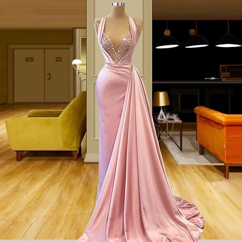 vmtvr  - Pink Mermaid Evening Dresses Dubai Sleeveless Party Lace Sequins Women Prom Dress Middle East Sweep Train Custom Evening Dress