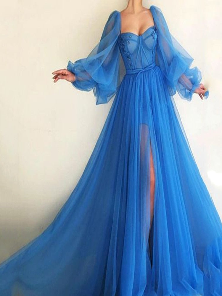 vmtvr Simple Blue Prom Dresses Long Puff Sleeves Exposed Boning Illusion Evening Dresses High Slit Tulle A-Line Formal Gowns