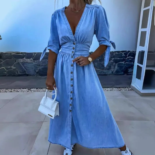 vmtvr  -  Spring Summer New Women's Clothing Fashion Sexy V-neck Long Button Denim Dress Long Maxi Loose Dress