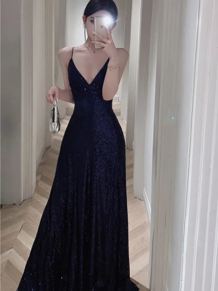 vmtvr Sexy Backless Evening Party Long Dresses for Women V-Neck Split Slim Spring Summer Luxury Sequins Prom Robe Birthday Vestido New