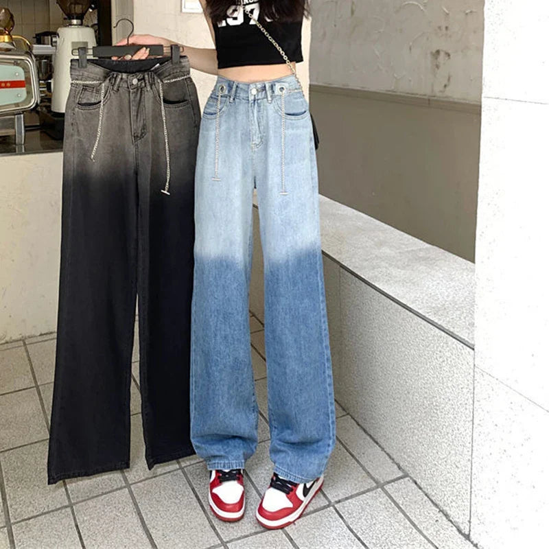 vmtvr High Waist Women Gradient Jeans Korean Fashion Designed Chains Loose Wide Leg Pants Summer All Match Female Denim Trousers