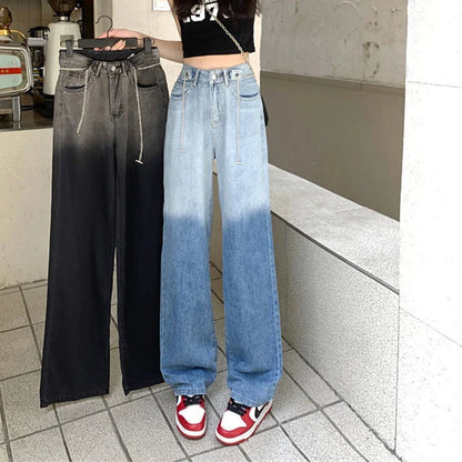 vmtvr High Waist Women Gradient Jeans Korean Fashion Designed Chains Loose Wide Leg Pants Summer All Match Female Denim Trousers