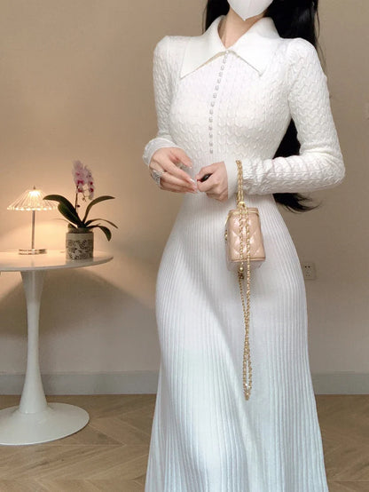 vmtvr  -  Elegant White Knitted Dresses for Women Autumn Winter Korean Fashion Slim A-line Long Sleeves Sweater Casual Female Clothes