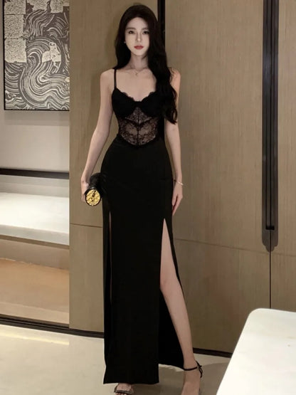 vmtvr Sexy Black Lace Long Dresses for Women Summer New Hollow Out High Split Bodycon Camisole Evening Party Dress Prom Robe Vestido