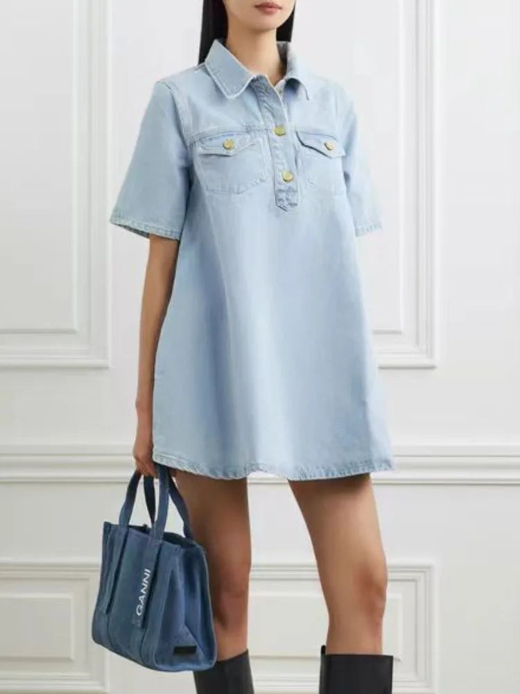 vmtvr Summer Blue Denim Mini Dress Women Fashion Turn-down Collar Loose  A-line Dress 2024 Short Sleeve Casual Dress Streetwear