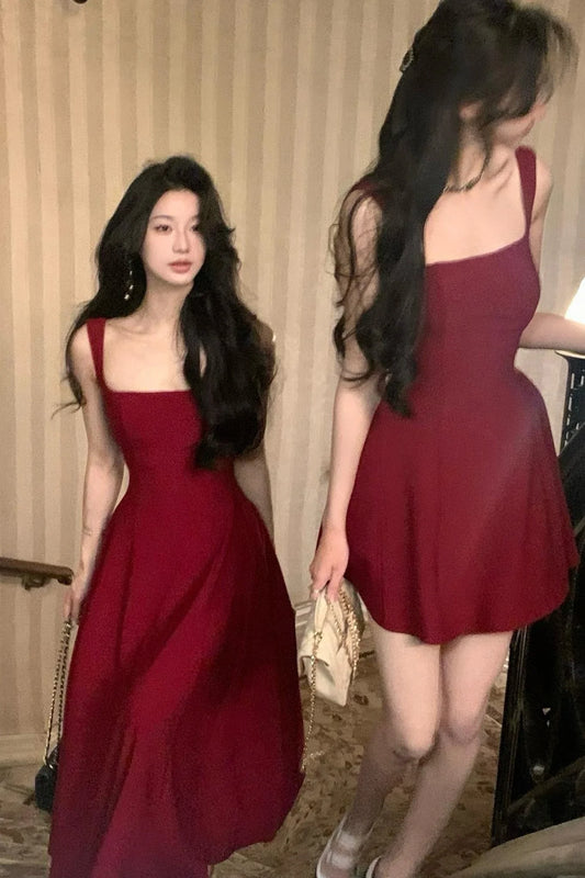 vmtvr  -  Even Party Red Dress Women Casual Elegant Clothing One Piece Dress Korea Fashioon Summer Sleeveless Strap Mini Dress Female