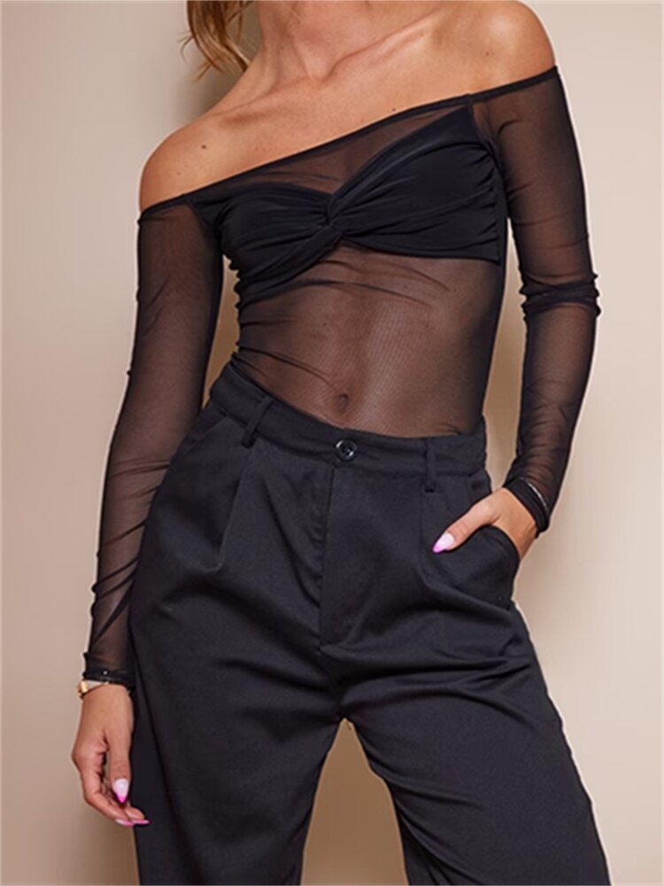 -Fall Outfits Long Sleeve Top  Sexy Women Long Sleeve Short T-Shirts Solid Slash Neck Off Shoulder Spring Slim Fit Mesh See Through Tees Streetwear