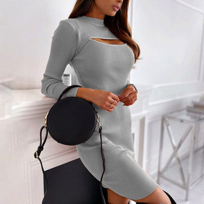 Sexy Hollow Long Sleeve Midi Dress Solid Color Slim Fit Fashion Hollow Out One Step Korean Robe Club Pencil Dress For Women