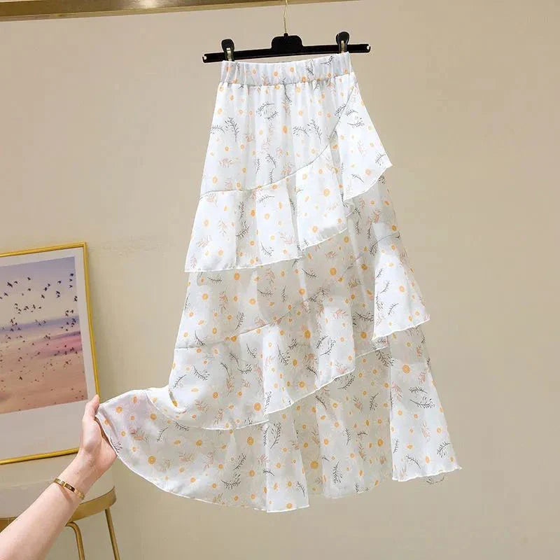 vmtvr Y2K Floral Women Chiffon Skirts Summer Casual All Match Female Ruffled Midi Skirt Korean Fashion High Waist A Line Skirts New