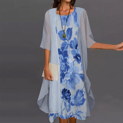 Summer Mid Dress Woman Fashion Elegant Long Sleeve Loose Printed Chiffon Dress Two Piece O Neck Irregular Dress Vestido Feminino