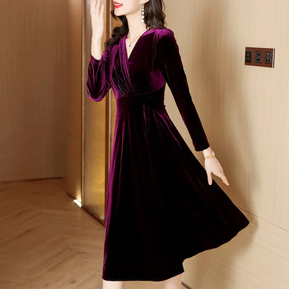 vmtvr  -  Red Velvet V-Neck Casual Loose Long Dress Autumn Winter Korean Vintage  Prom Dresses Women Elegant Luxury Vestidos