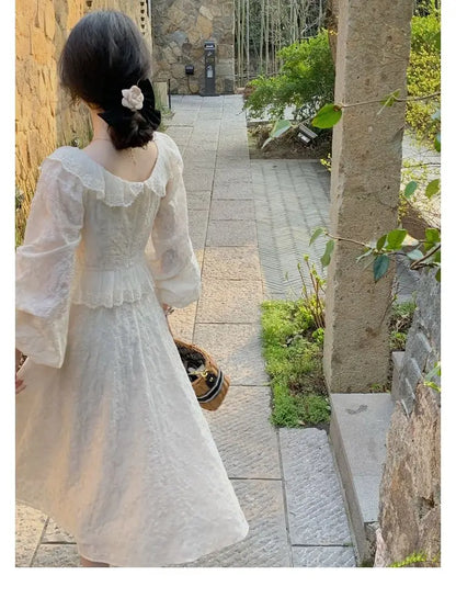 vmtvr Elegant Vintage Lace Fairy Dress Women Autumn Sweet Rufffle Long Sleeve Party Dress Female Casual Korean Embroidery Dresses