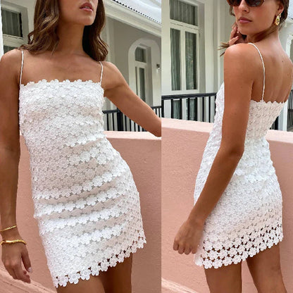 vmtvr  -  Sexy Off Shoulder Spaghetti Strap Dress Women Elegant Embroidery Lace Solid Hip Wrap Dress Casual Sleeveless Slim Fit Mini Dress