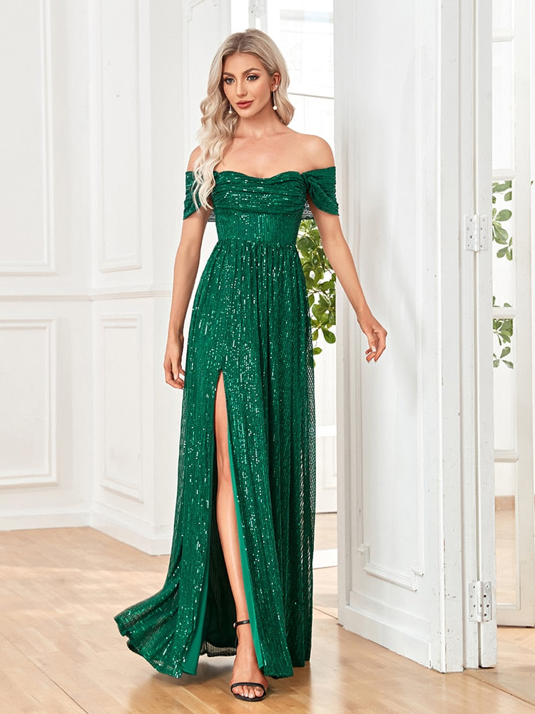 vmtvr -  Women Green Sexy Off-shoulder Sequin Dress Elegant Evening Dress Party Maxi Dress Split Ladies Trailing Dresses