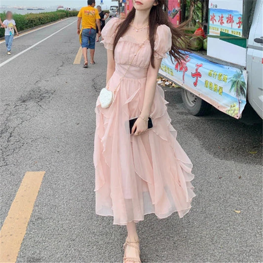 Casual Sweet Fairy Evening Midi Dresses for Women Lace Beading Chiffon Bodycon Elegant Party French Beach Dresses Summer