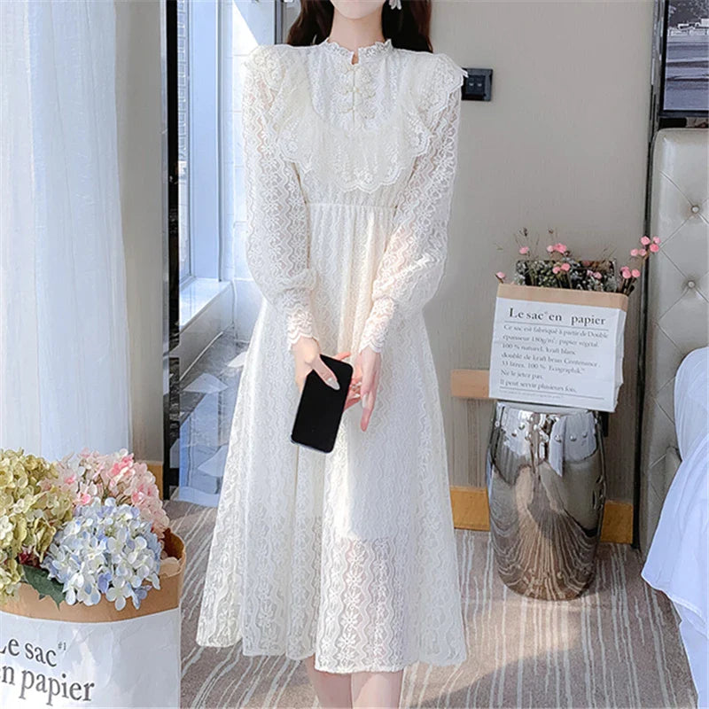 vmtvr Elegant Sweet Vintage Solid Lace Women Midi Dresses for New Autumn Fashion Long Sleeved Cute Party Birthday Fairy Dress