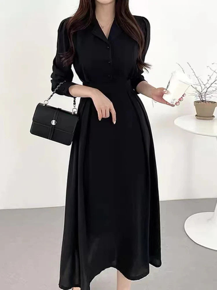 vmtvr  -  Womens Dresses Temperament Commuting Korean Version New in Spring Woman Clothing A-line Slim Long Sleeved Polo Neck Skirt