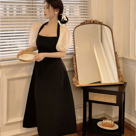 Retro Black Dress Summer Fashion Square Collar Backless Women Dresses Elegant French Puff Sleeve Women&#39;s Maxi Dress Sundress New