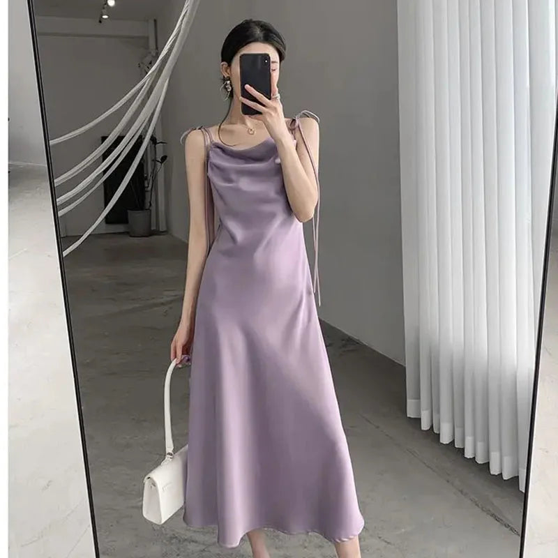 vmtvr Korean Purple Satin Midi Dress Women Fashion Folds Spaghetti Strap Dress Woman Elegant Summer Waist-Tight Party Dresses