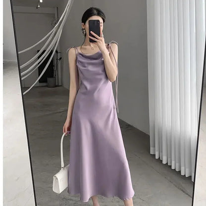 vmtvr Korean Purple Satin Midi Dress Women Fashion Folds Spaghetti Strap Dress Woman Elegant Summer Waist-Tight Party Dresses