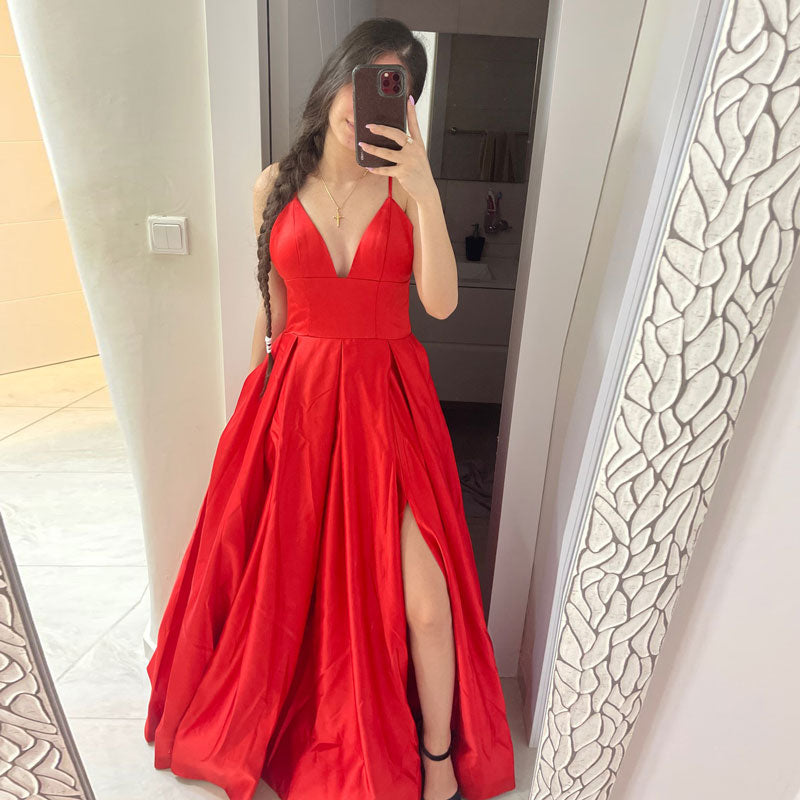 Sexy V- Neck Satin Prom Dresses Spaghetti Straps Side Slit Floor Length Evening Dress Party Dress Robe Soirée