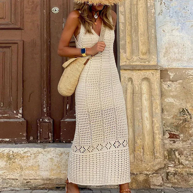 vmtvr  -  Sexy Deep V-neck Sleeveless Beach Dress Women Elegant Hollow Out Knitted Long Dress Summer Fashion Loose Solid Pullover Dresses