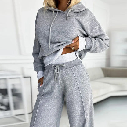 vmtvr Solid Casual Hooded Sweatshirt&Tie-up Waist Pants Sets Autumn Long Sleeve Sportwear Women Tracksuit Winter 2Pcs Hoodie Outfits