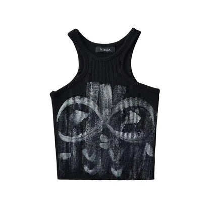 vmtvr Summer Knitted Graffiti Tank Tops Women Elastic Slim Crop Top