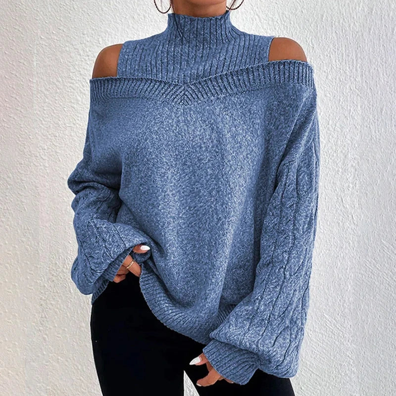 vmtvr Women Long Sleeve Mock Neck Sweaters Autumn WInter Off Shoulder Knitted Pullovers Ladies Casual Loose Sweaters Jersey Mujer