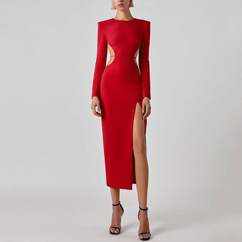 Sexy Backless Full Sleeve Maxi Dresses for Women Elegant Fashion Bandage High Split O Neck Bodycon Club Party Long Dress Clothes