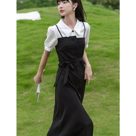 Summer Women's Graceful Patchwork Midi Dress Korean Preppy Style Student Fashion Fake Two Piece Overall Dresses Lady Clothing