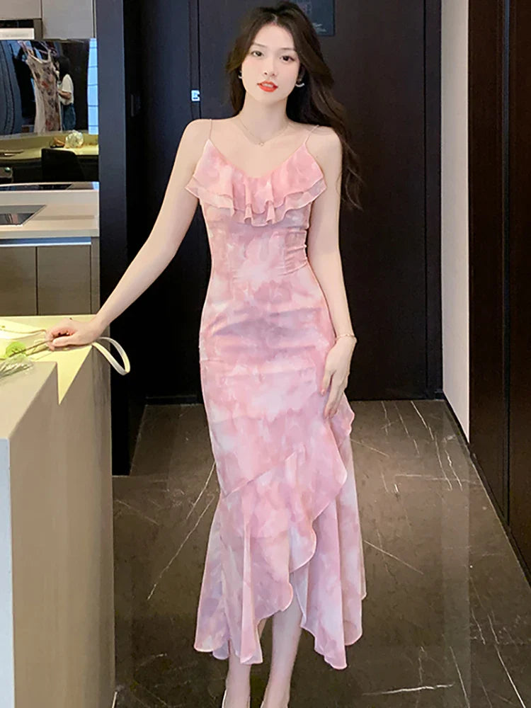 vmtvr 2024 Pink Chiffon Chic Ruffled Sling Long Dress Summer Elegant Casual Beach Sundress Women Korean Bodycon Mermaid Evening Dress