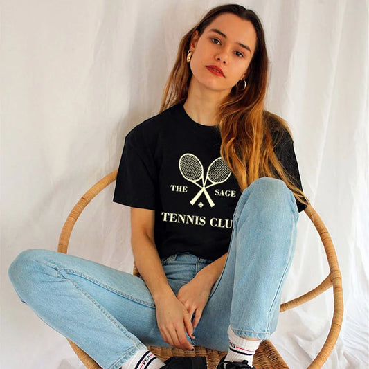 -Retro sports style outfit streetwear 90s fashion The Sage Tennis Club American Vintage Style Printing White T Shirts Women Summer Short Sleeve Loose Cotton Y2K Street Tops Tees