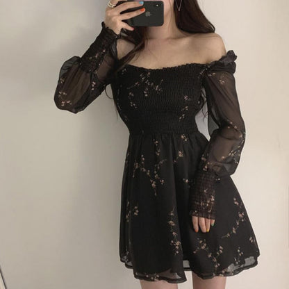 vmtvr - Korean Vintage Flower Black Dress Women Long Puff Sleeve Chiffon Spring Dresses Casual Mini Dress Vestidos Mujer Clothes