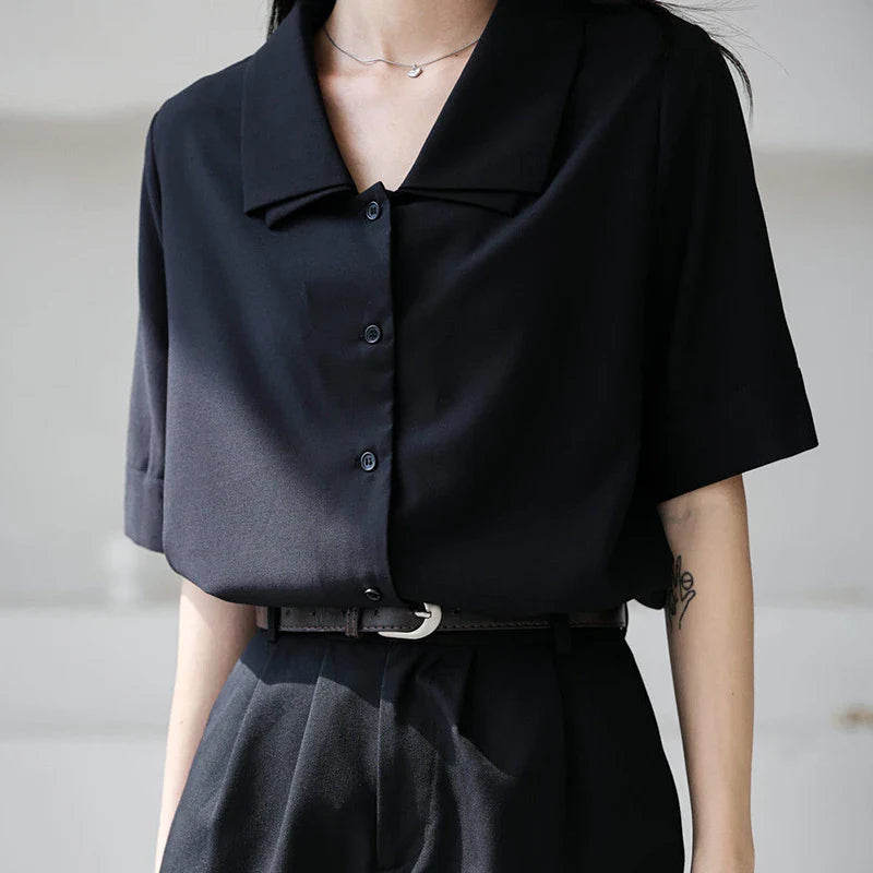 vmtvr Y2K Double Collar Chiffon Shirt Korean Fashion All Match Women Half Sleeve Tops Summer Casual Office Ladies Black Blouse