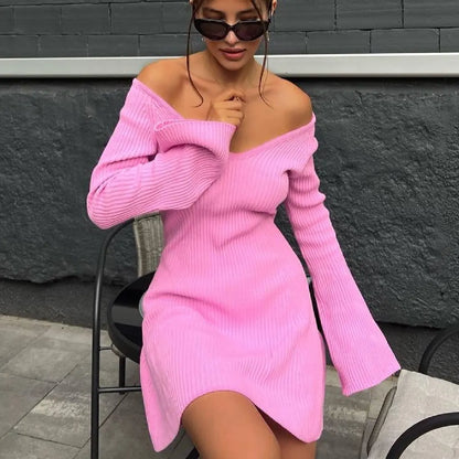 -Talenza Knitted Off Shoulder V Neck Mini Dress Women's Sexy High Waist Long Sleeve Dress White Knitted Sweater Dress Robe Women