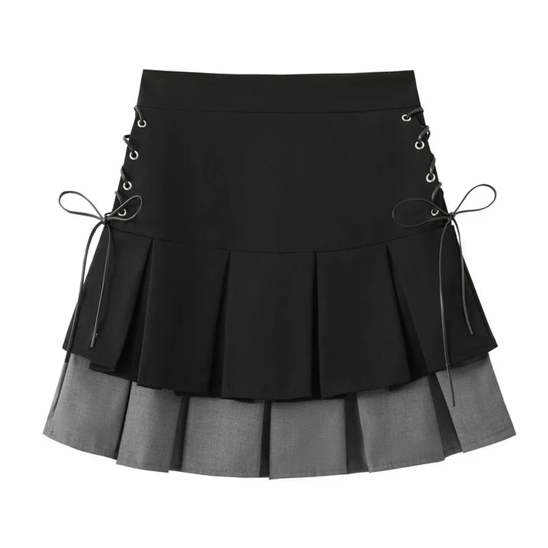 vmtvr High Waist Women Patchwork Skirts Summer Fashion Lace Up Female Mini Skirts Korean Elegant Pleated A Line Skirts New