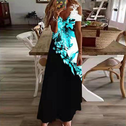 vmtvr Women Floral Print Maxi Dress Boho Lace Sling Hollow Out A Line Long Dress Ladies Casual Loose V-Neck Beach Party dress Vestidos