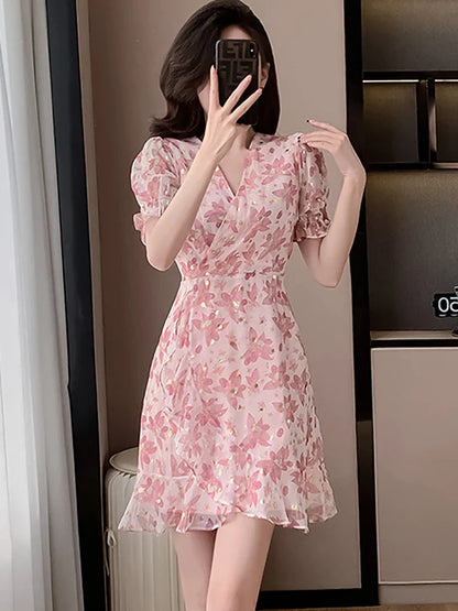 vmtvr 2024 Pink Floral Chiffon Sequins Luxury Prom Clothes Women Short Sleeve V-Neck Casual Ruffled Dress Summer Korean Fashion Dress