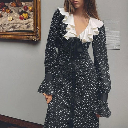 vmtvr  -  French Style Polka Dot Print Long Dress Women Spring V-neck Ruffle Bowknot Split Party Dress Fall Long Sleeve Button Shirt Dress