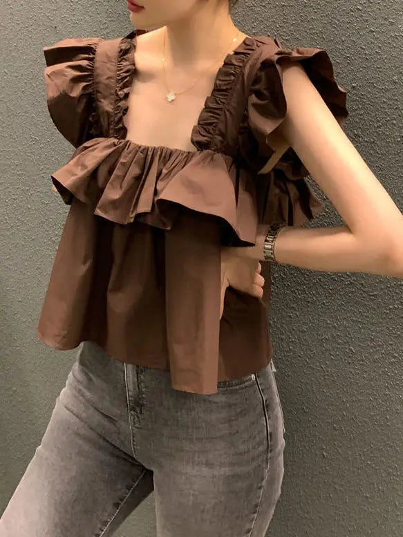 vmtvr Solid Color Tanks Korean Summer Niche All-Match Square Collar Irregular Design Loose Short Camisole Women Casual Vest